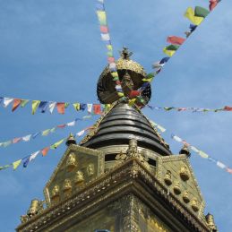 Estupa rodeada de banderas tibetanas
